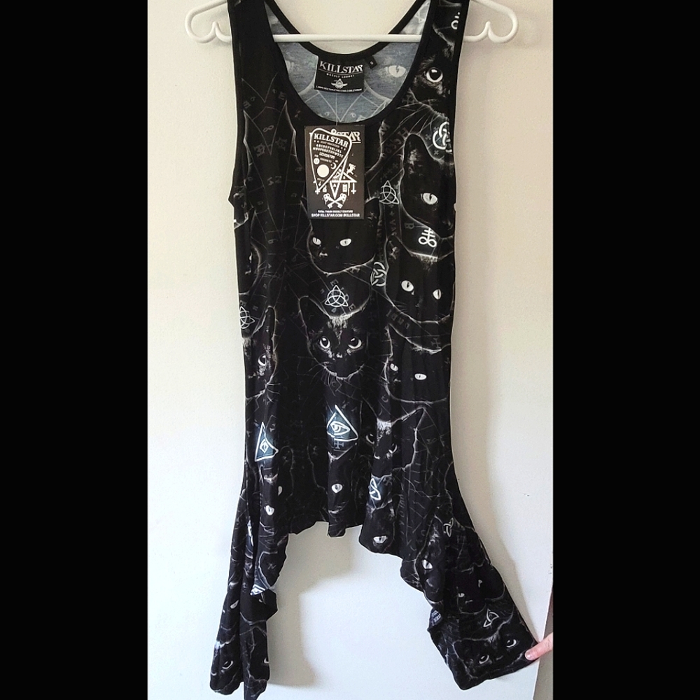 Killstar Black Witch Cat Print Asymmetric Tank Top